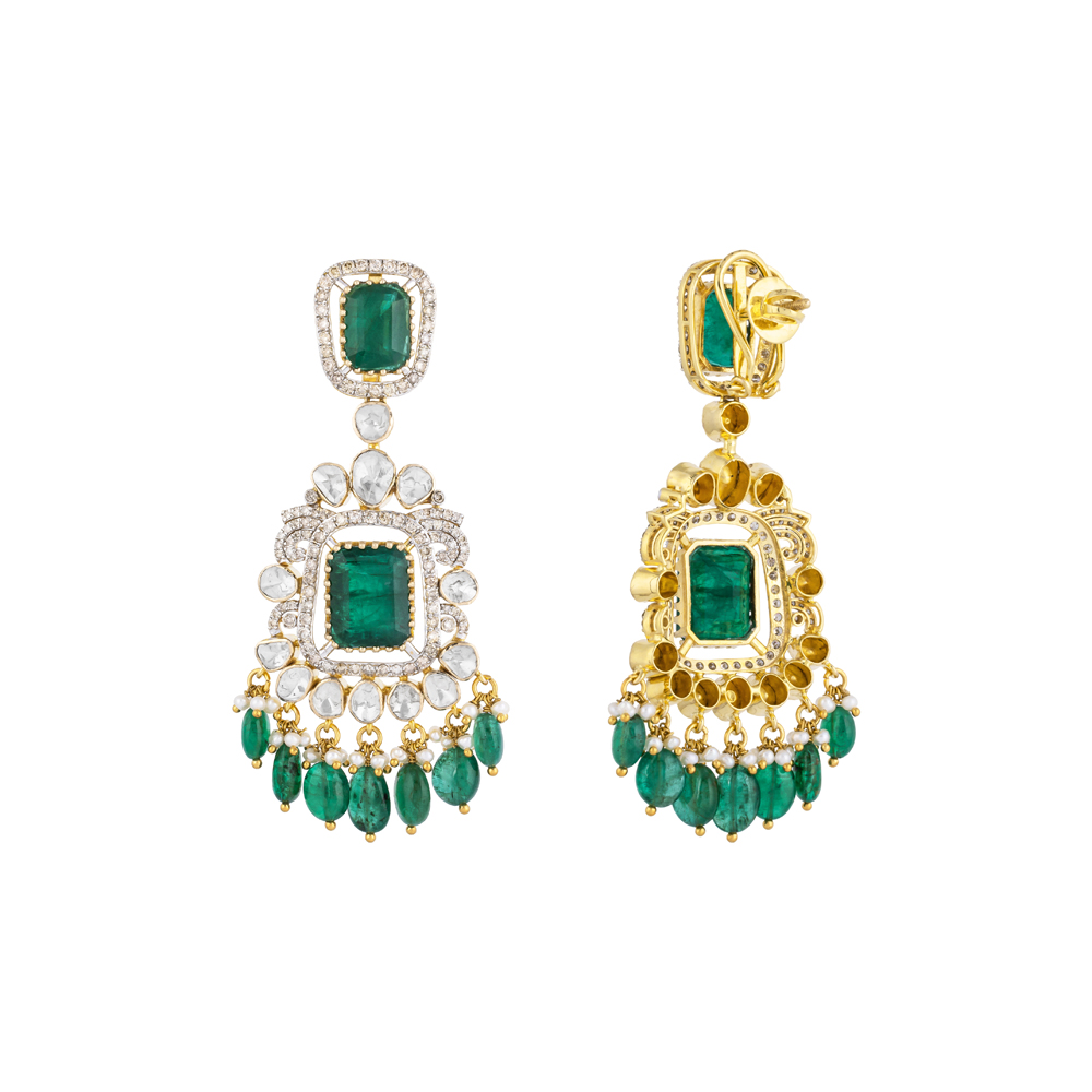 Polki Earrings with Emerald Colourstones & Drops